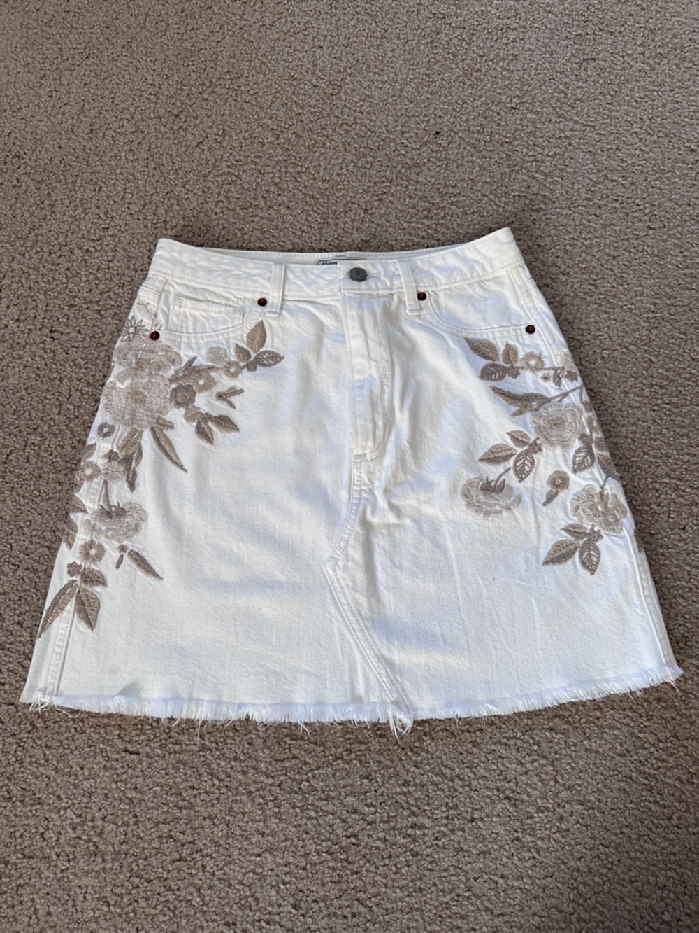 Abercrombie & Fitch Cream Denim Mini Skirt with Taupe Floral Embroidery
